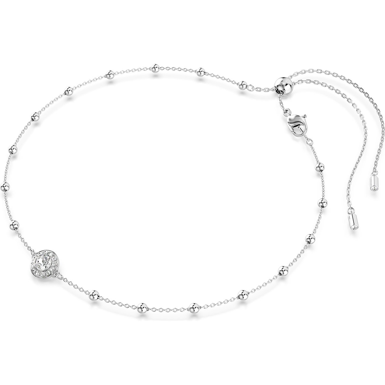 Silbernes Swarovski Halsband aus Metall mit kleinen Kugeln und rundem Anhänger mit klarem Swarovski-Kristall.