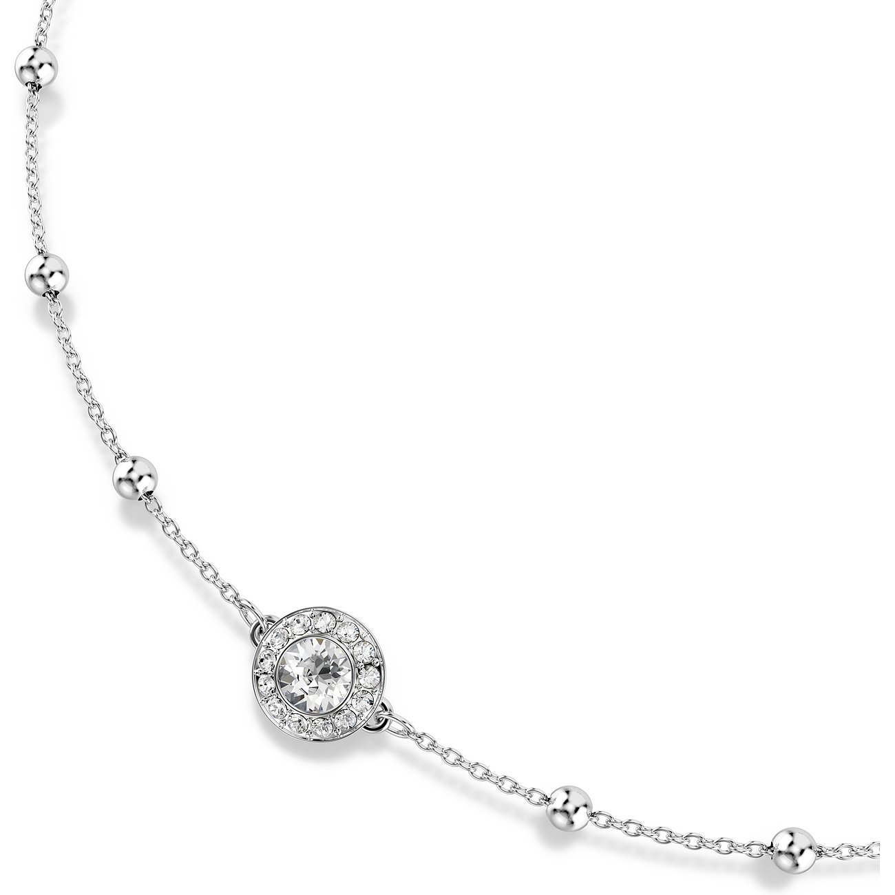 Swarovski Halskette aus Metall mit einer runden Fassung aus Swarovski-Kristallen und kleinen Metallkugeln.