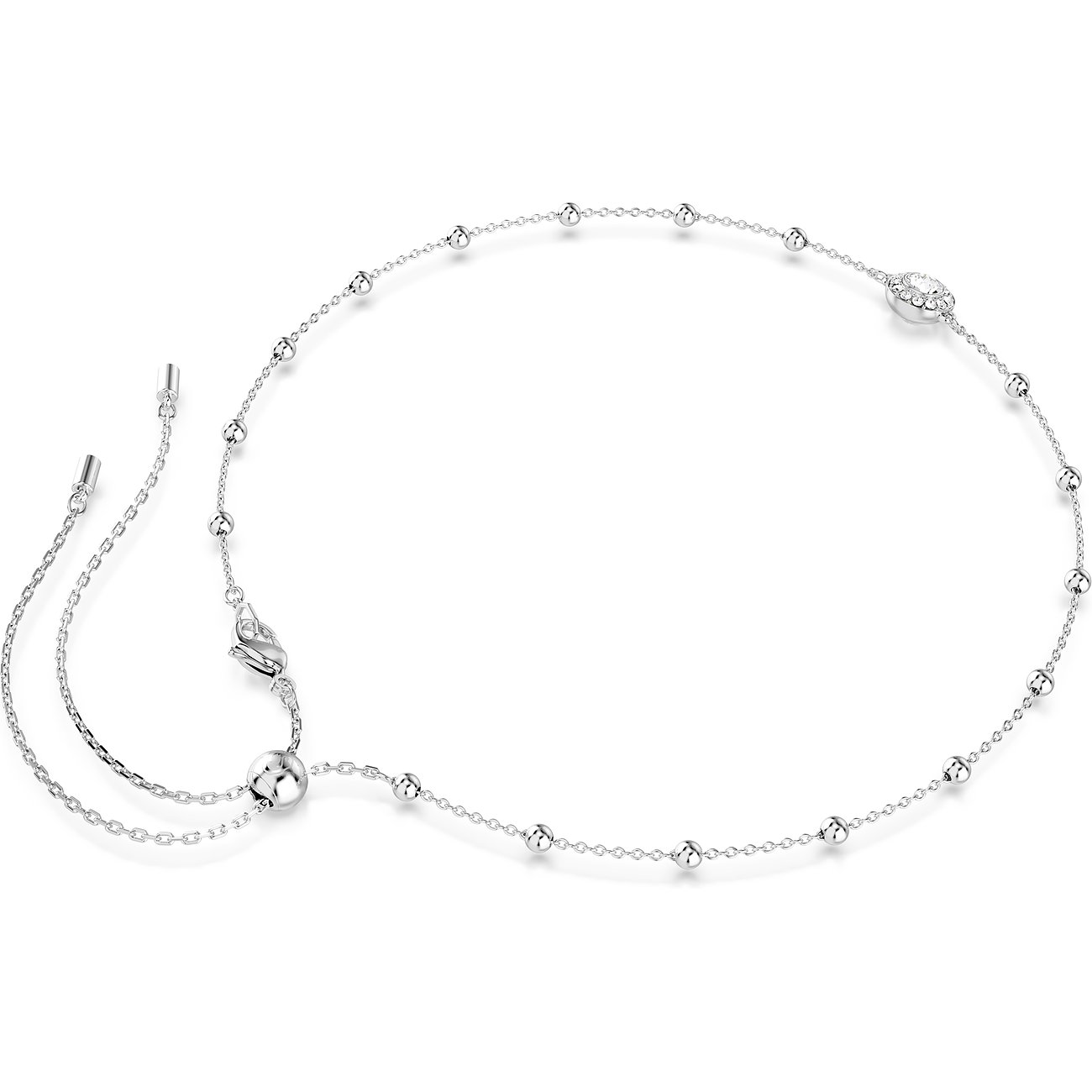 Swarovski Halskette aus Metall, silberfarbene Kette mit kleinen Kugeln, einem runden Schmuckstein und Verschluss.