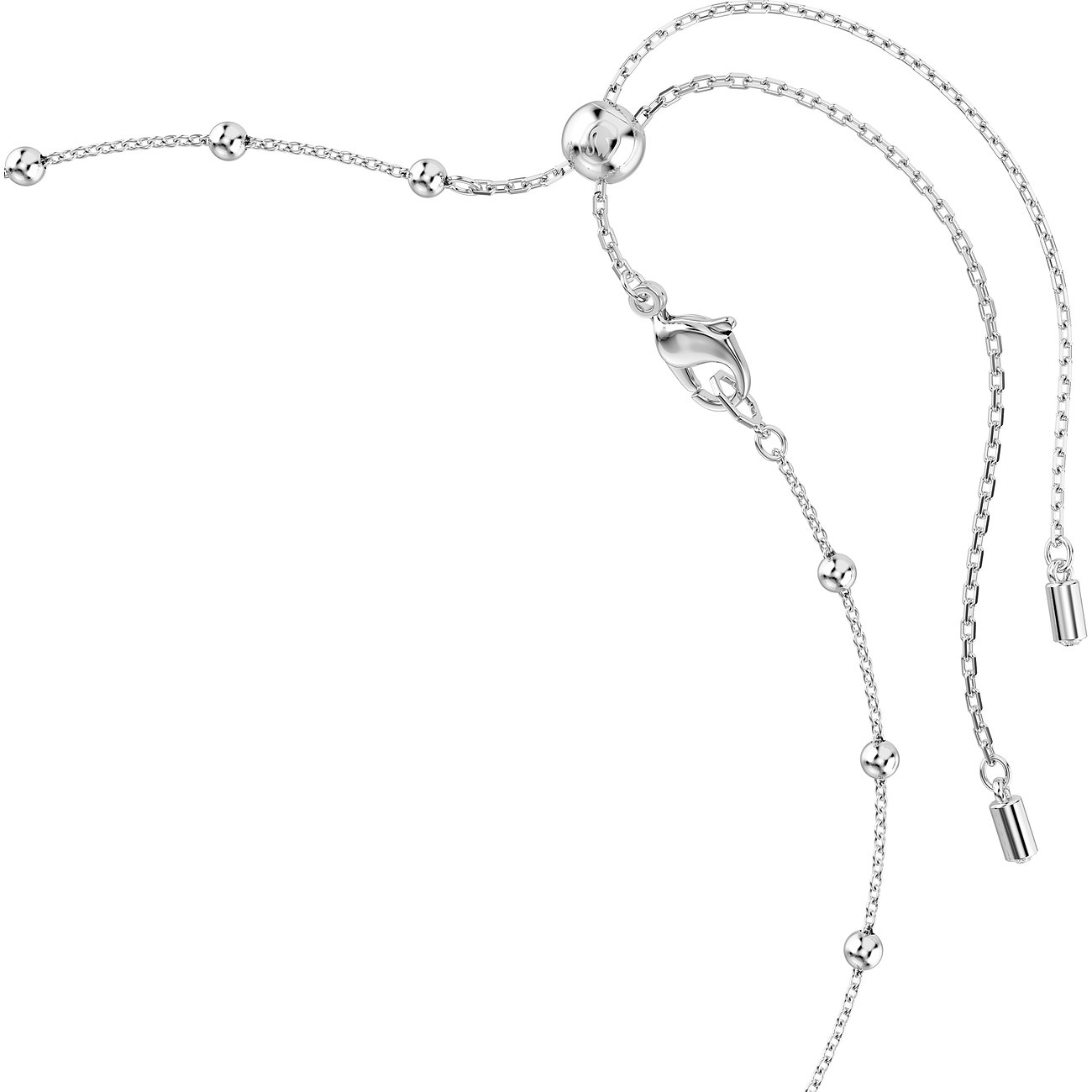 Close-up des Verschlusses einer silberfarbenen Swarovski Metallkette mit kleinen Perlen und Verlängerung.