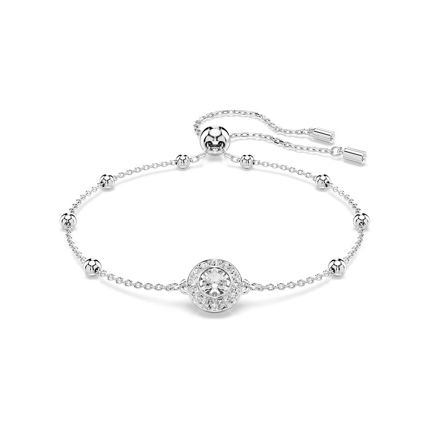 Silbernes Swarovski Metall-Armband mit verstellbarem Verschluss. Kugelkette, rundes Element mit großem klarem Swarovski-Kristall, umrahmt von kleineren Kristallen.