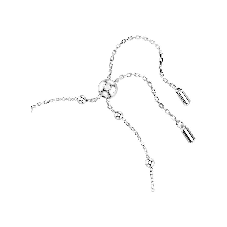 Nahaufnahme eines silbernen Swarovski Armschmucks aus Metall mit Kugeln und einem verstellbaren Schiebemechanismus.