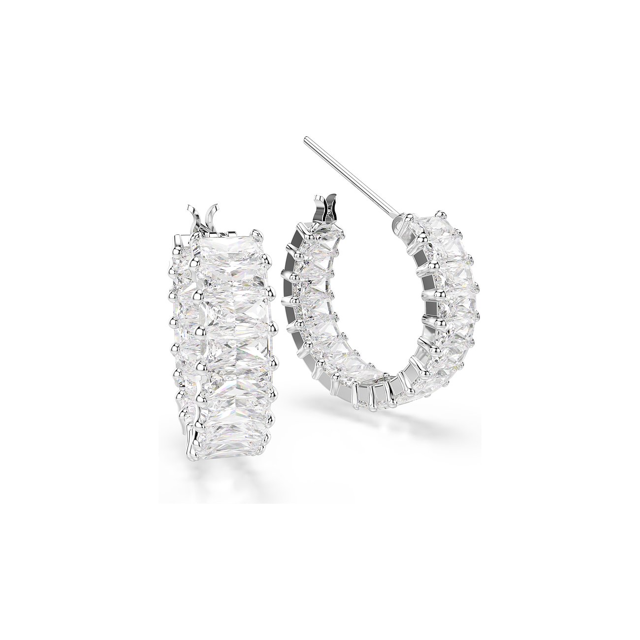 Swarovski oorknoppen van metaal met grote, rechthoekige, fonkelende Swarovski-kristallen in baguetteslijpvorm.