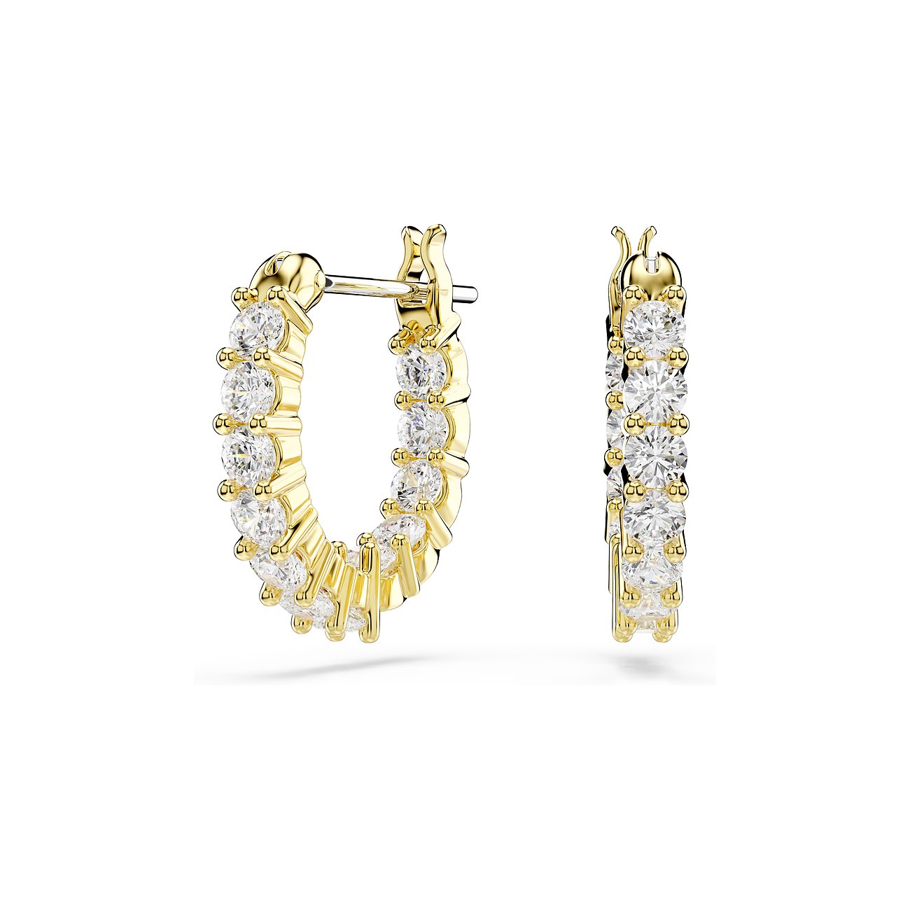 Twee goudkleurige metallic Swarovski oorbellen, bezet met meerdere fonkelende ronde Swarovski kristallen op een rij.