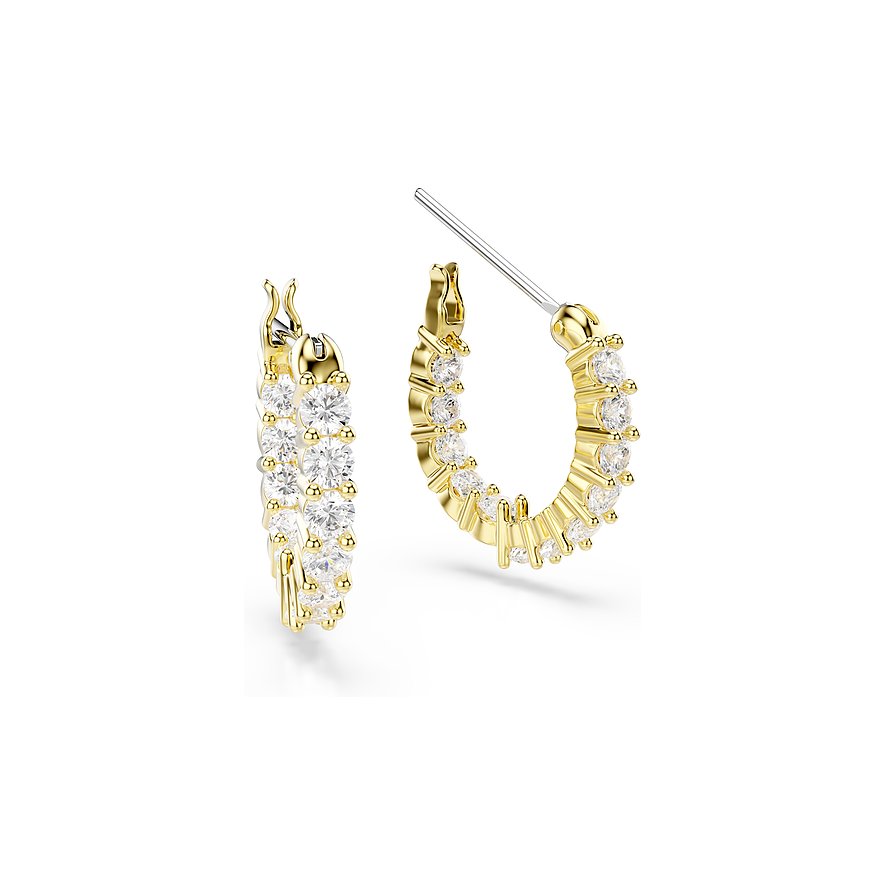 Twee goudkleurige Swarovski metalen creolen, bezet met heldere Swarovski-kristallen in een gedetailleerde rij.