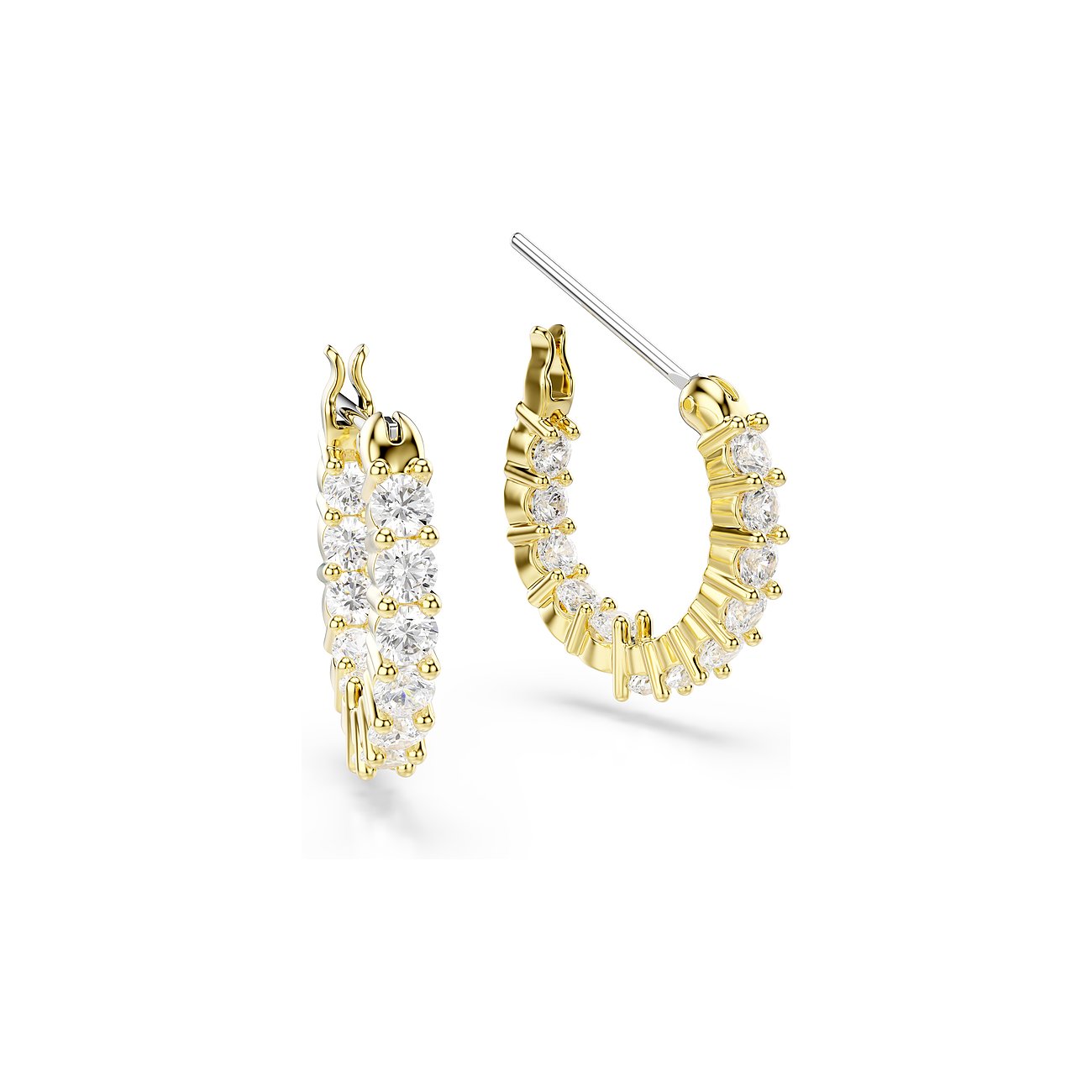 Twee goudkleurige Swarovski metalen creolen, bezet met heldere Swarovski-kristallen in een gedetailleerde rij.