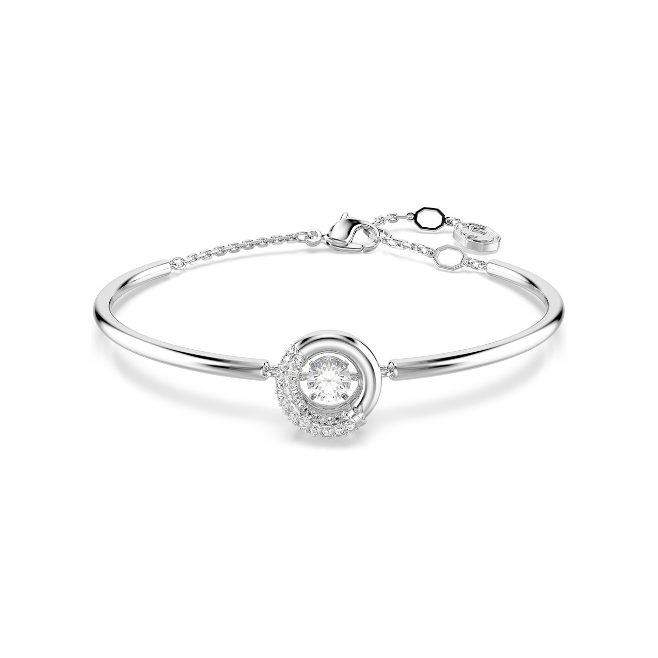 Swarovski Armreif aus Metall mit einem zentralen, runden Swarovski-Kristall, der von kleineren Kristallen umgeben ist.