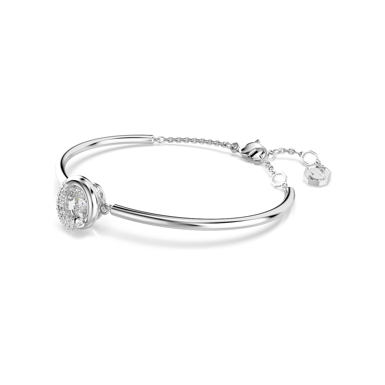 Swarovski Armreif aus Metall mit einem zentralen runden Farbstein, umgeben von kleinen Swarovski-Kristallen.
