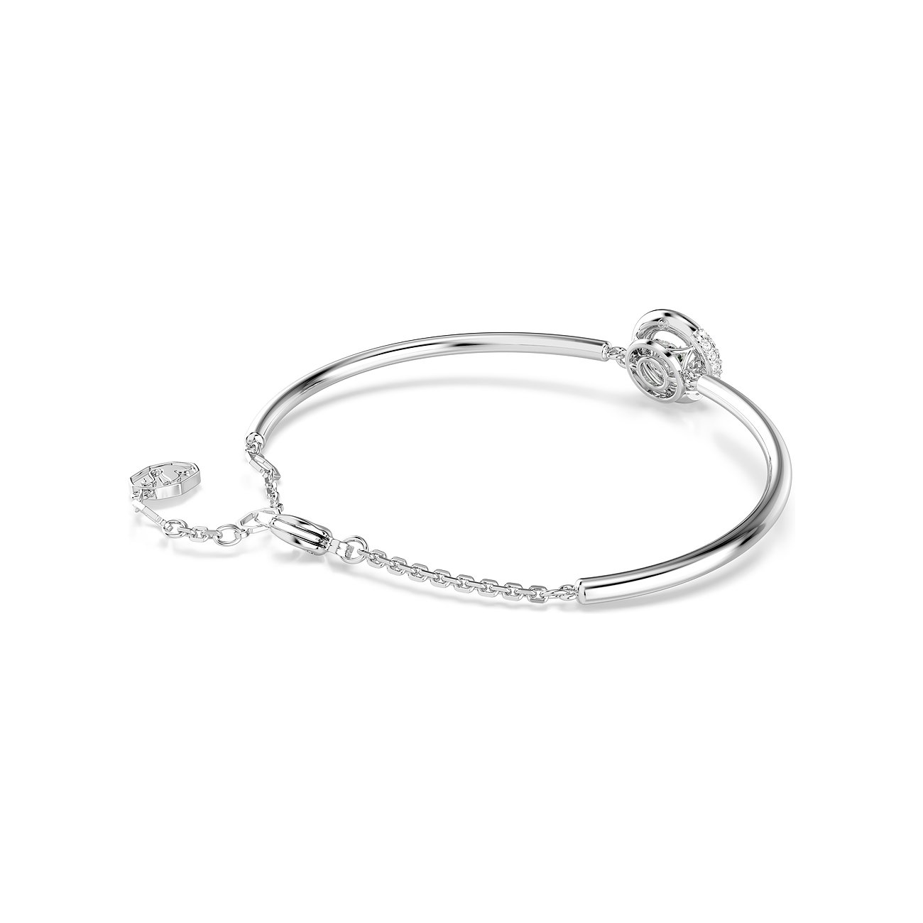 Swarovski Armschmuck aus Metall mit silberfarbenem Armreif und filigraner Kette, verziert mit Swarovski-Kristallen.