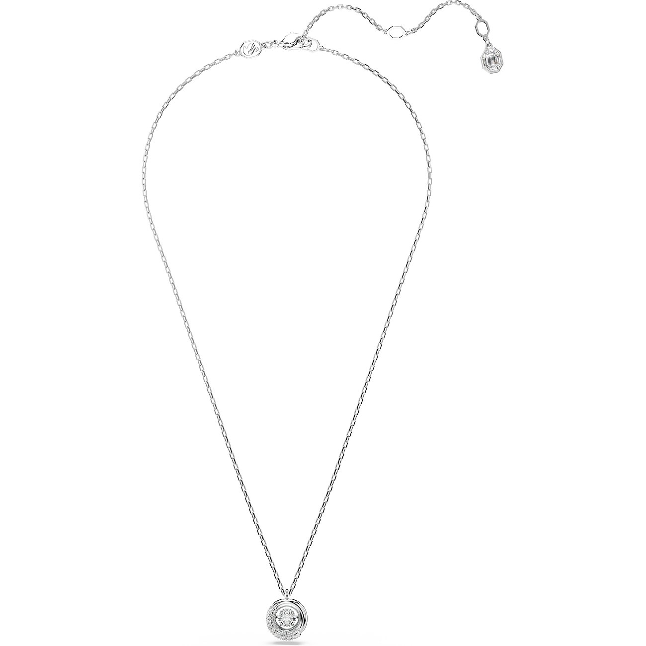 Een Swarovski metalen halsketting met een ronde, centrale Swarovski kristallen hanger op een witte achtergrond.