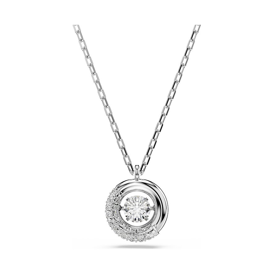 Een glanzend Swarovski metalen collier, versierd met een gecentreerde ronde witte kleursteen.
