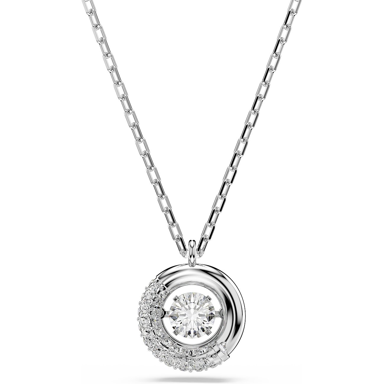 Een glanzend Swarovski metalen collier, versierd met een gecentreerde ronde witte kleursteen.
