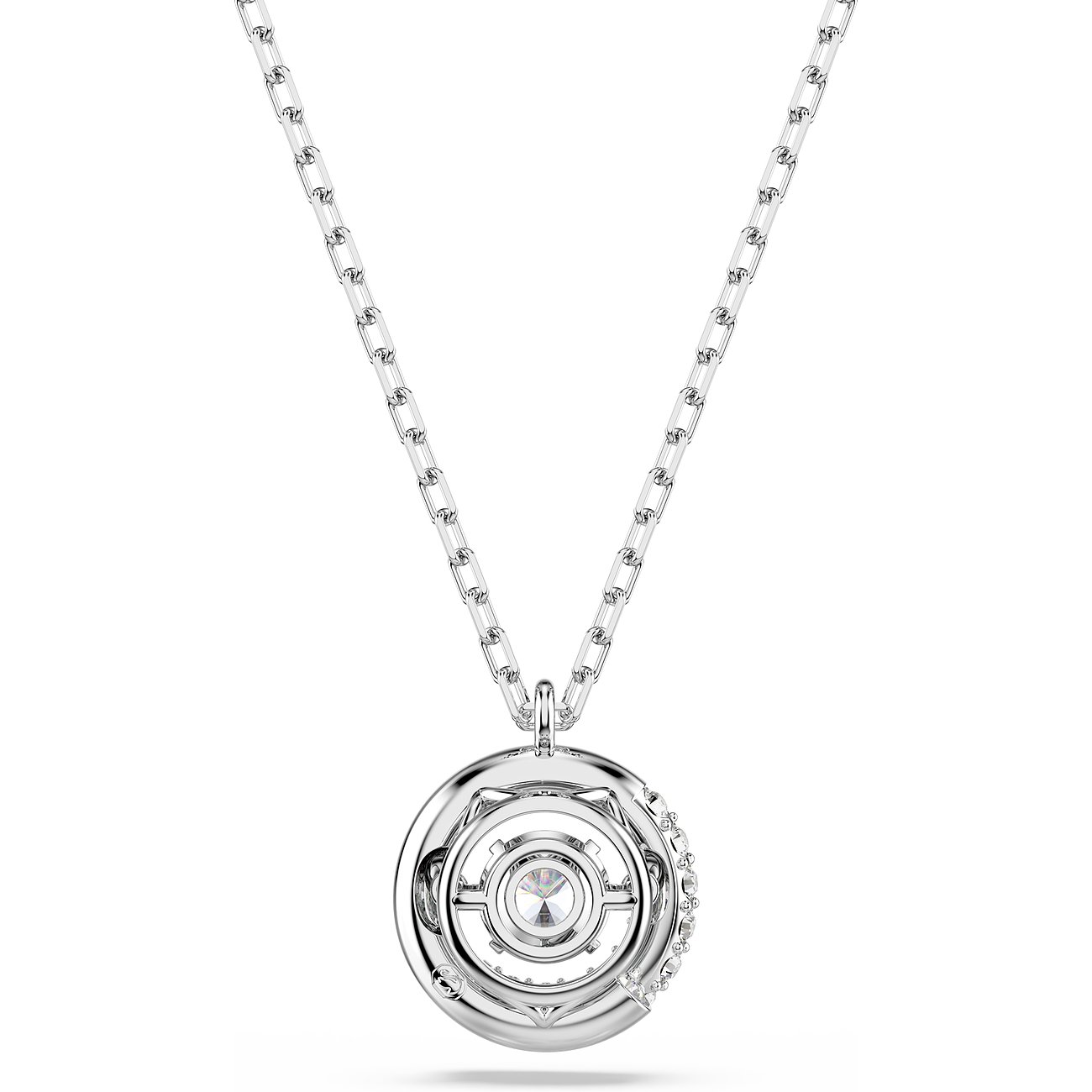 Swarovski metalen halsketting met een ronde hanger. Een grote Swarovski-kristal is centraal geplaatst.