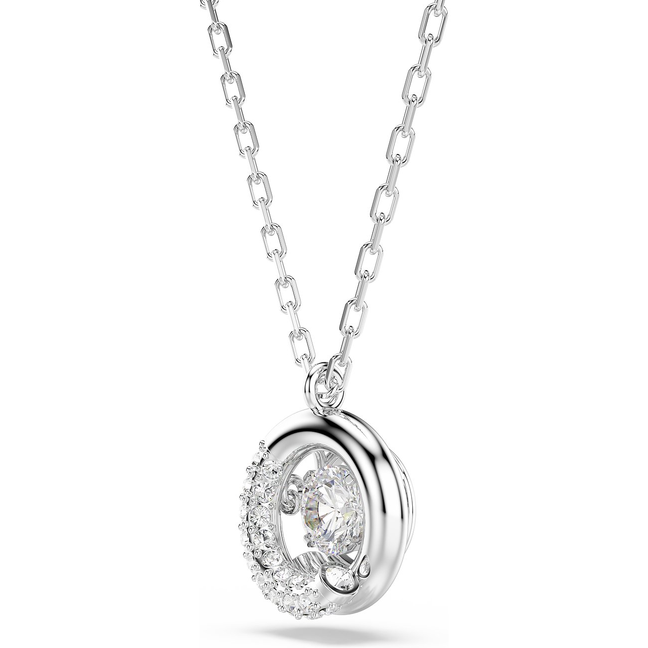 Zilverkleurige metalen Swarovski-ketting met ronde hanger. Een helder Swarovski-kristal hangt vrij in het midden.