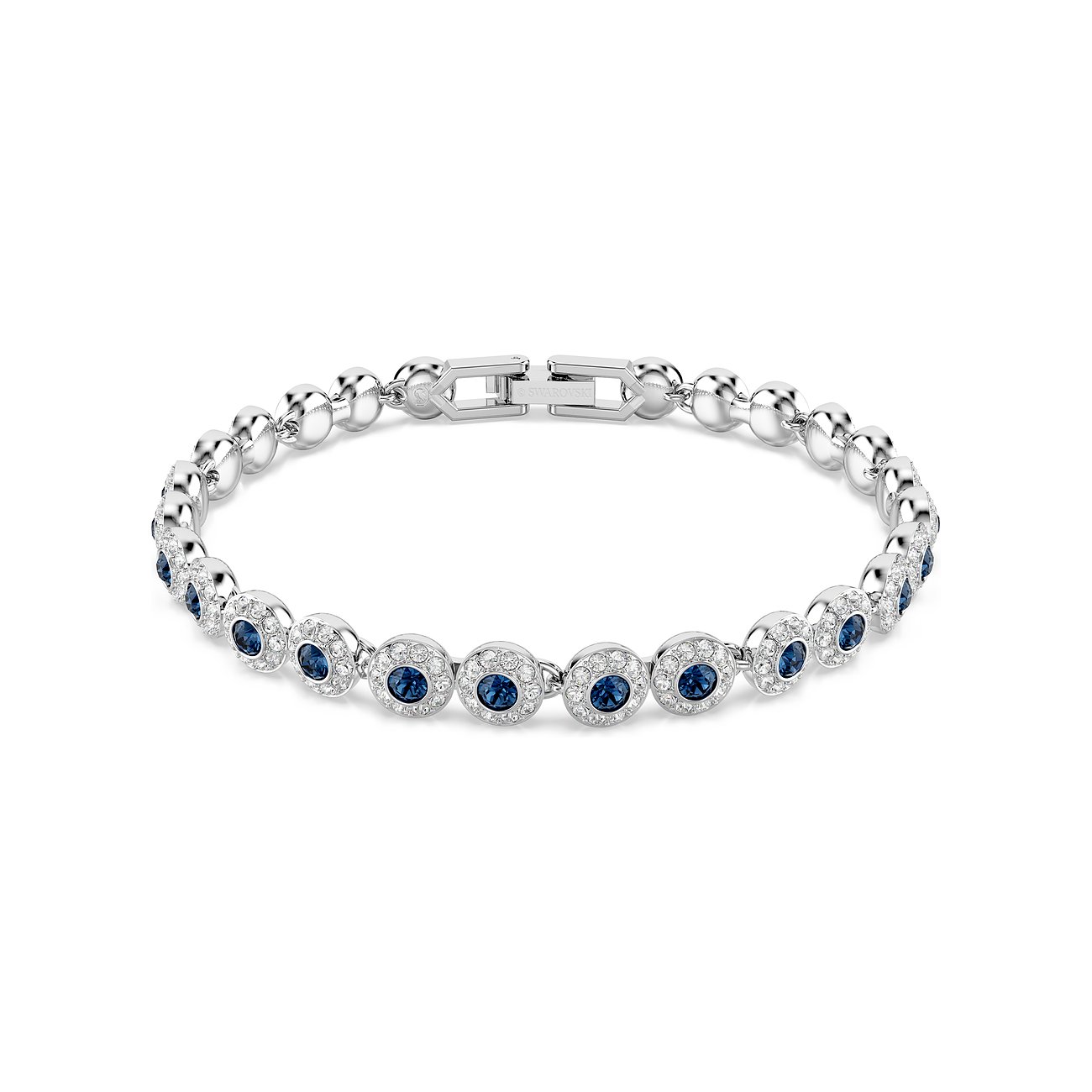 Swarovski metalen armband met ronde, blauwe kleurstenen, omringd door kleine heldere Swarovski kristallen.