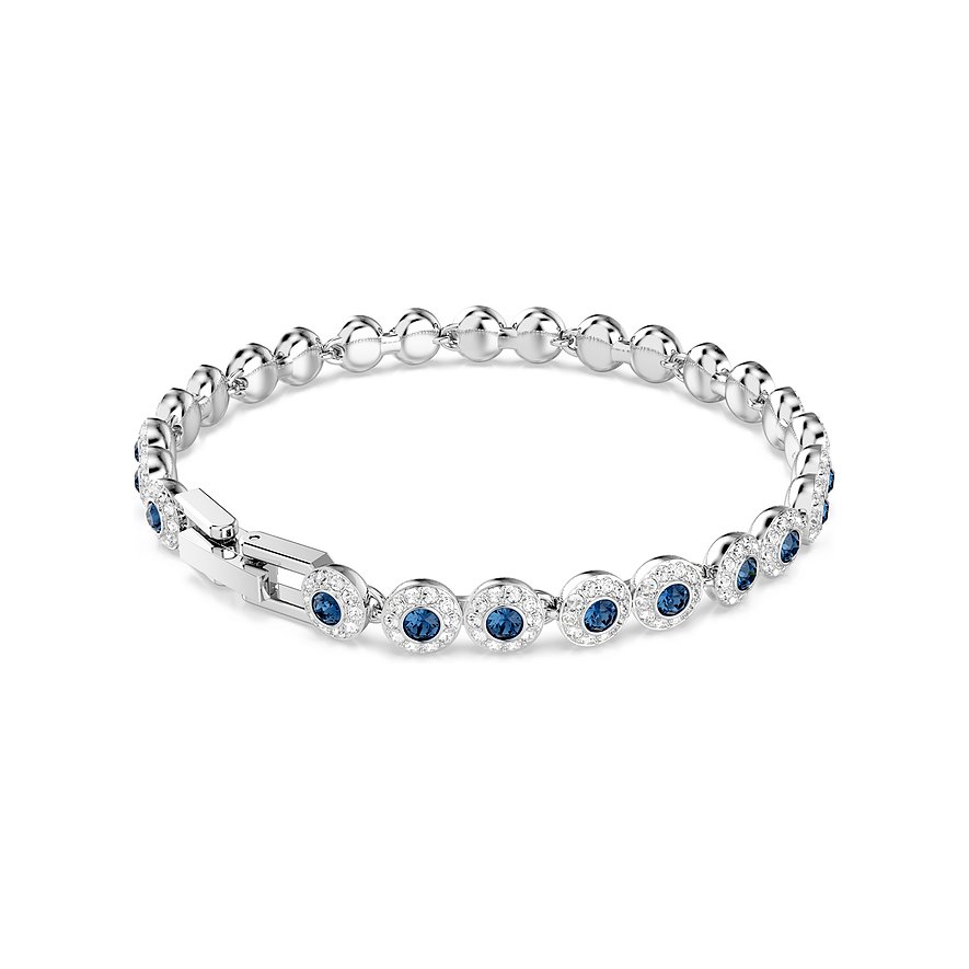 Een glanzende Swarovski metalen armband met ronde schakels, afwisselend blauwe en witte Swarovski-kristallen.
