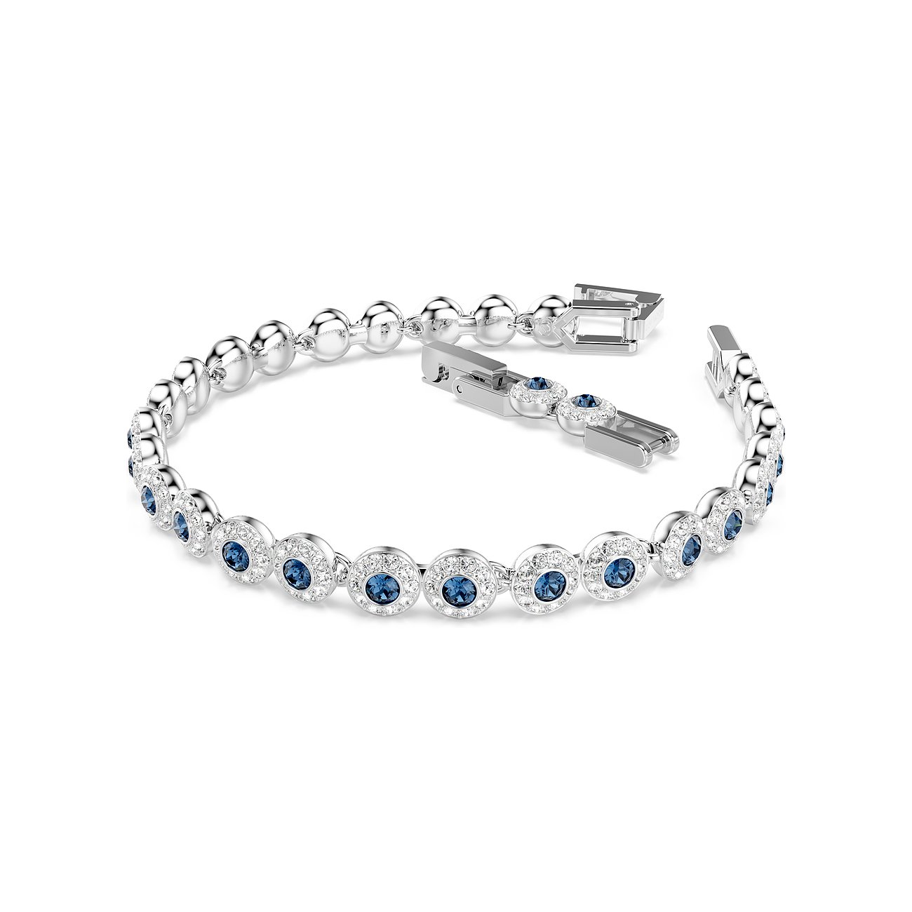 Swarovski metalen armband met ronde, blauwe kleurstenen en kleine, heldere Swarovski kristallen.