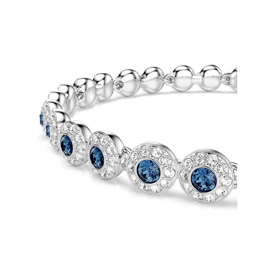 Swarovski armband van metaal met ronde, zilverkleurige schakels. Elke schakel is bezet met blauwe Swarovski-kristallen.