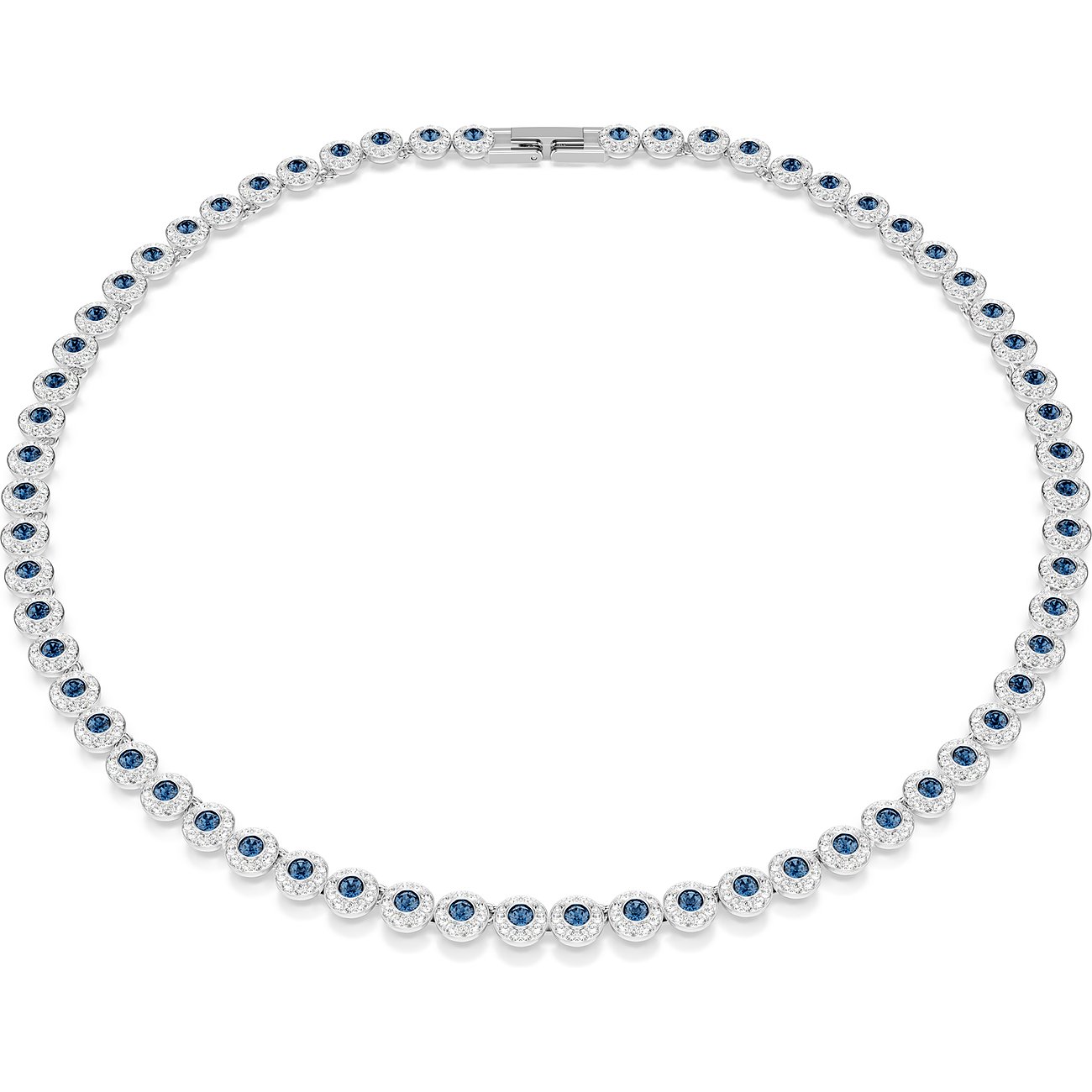 Swarovski metalen halsketting met blauwe en heldere kristallen, een bloemenpatroon vormend.