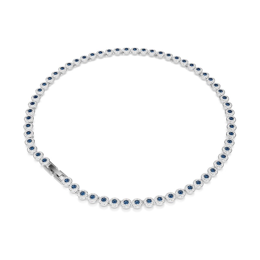Swarovski metalen halsketting: ronde, blauwe kleurstenen, elk omringd door kleinere heldere kristallen.