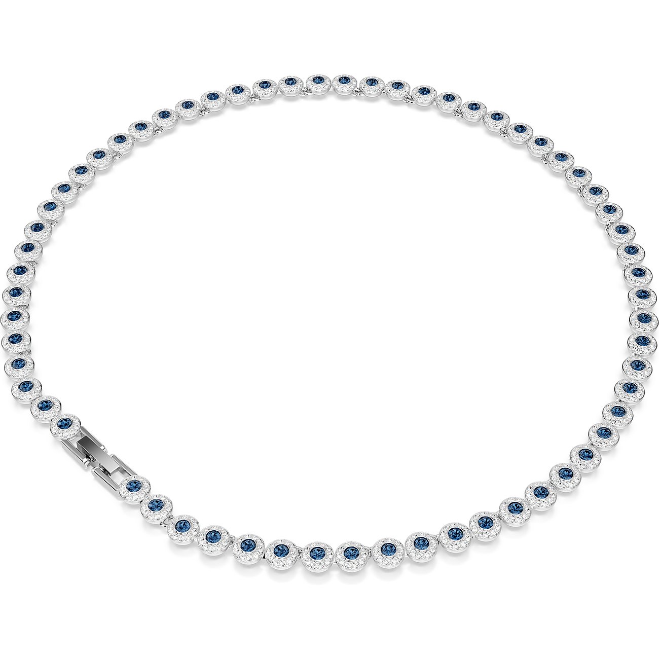 Swarovski metalen halsketting: ronde, blauwe kleurstenen, elk omringd door kleinere heldere kristallen.