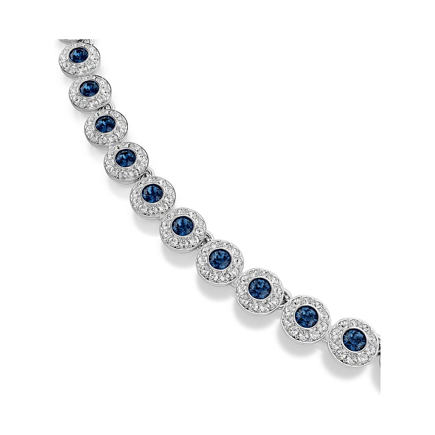 Nauw aansluitend zilverkleurig Swarovski metalen halselement met blauwe edelsteen in het midden.
