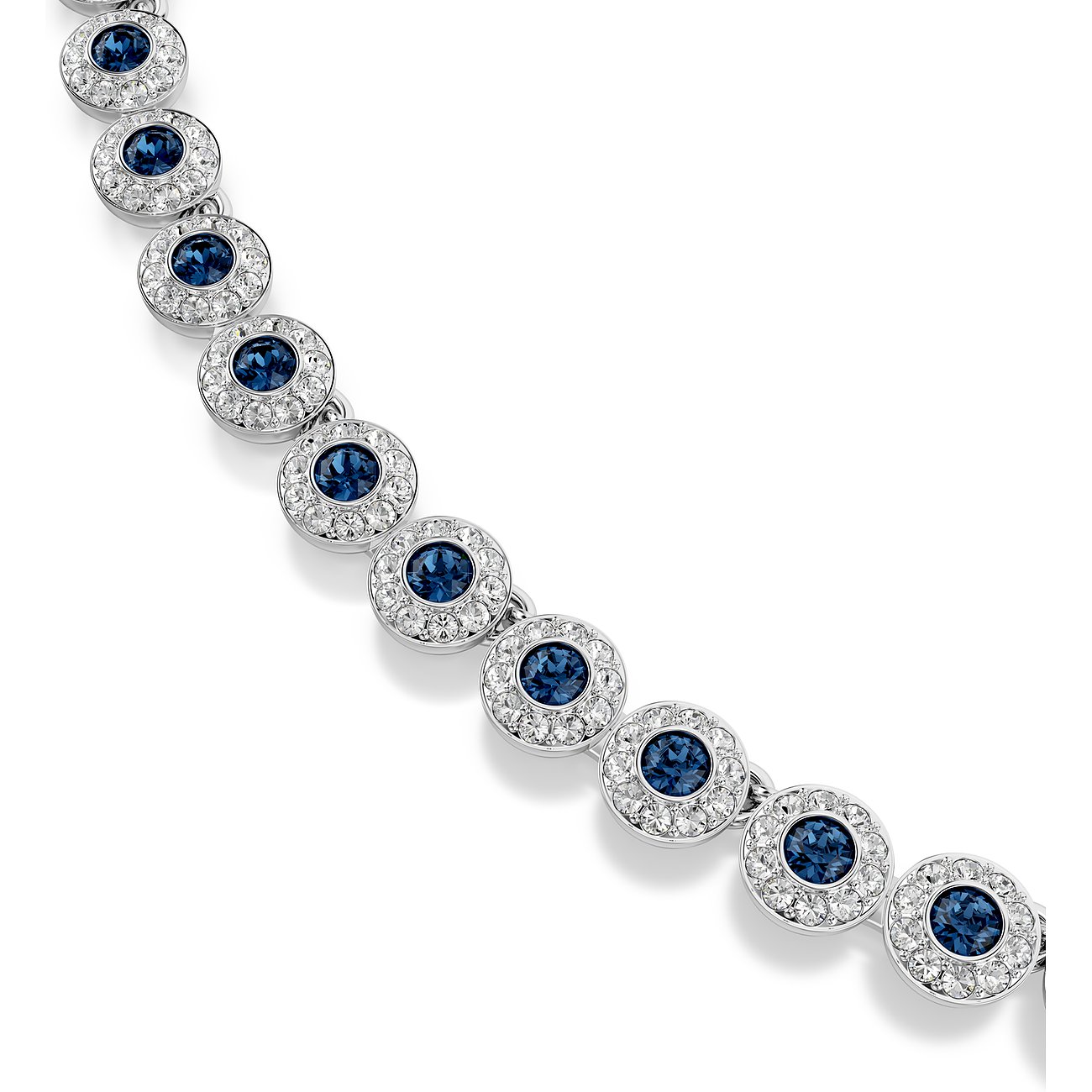 Nauw aansluitend zilverkleurig Swarovski metalen halselement met blauwe edelsteen in het midden.