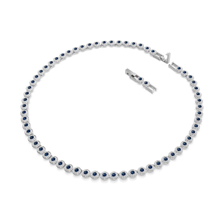 Swarovski halsketting van metaal met blauwe Swarovski-kristallen, los op een witte achtergrond.