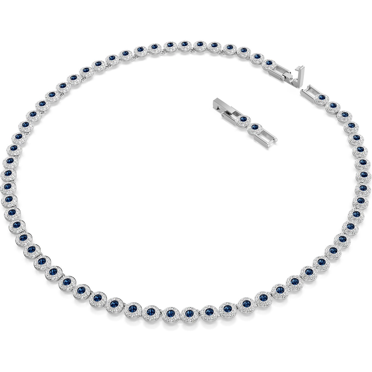 Swarovski halsketting van metaal met blauwe Swarovski-kristallen, los op een witte achtergrond.