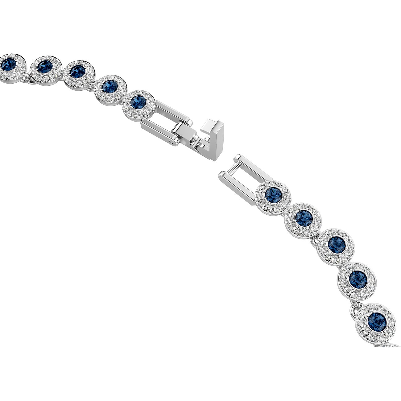 Swarovski metalen halsketting met blauwe Swarovski kristallen in ronde zettingen, open sluiting.