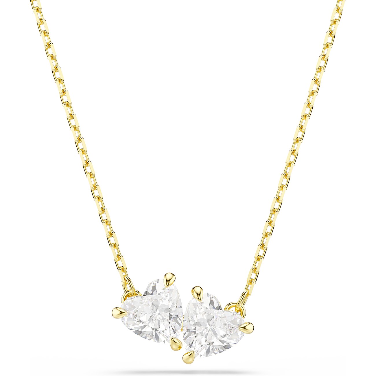 Swarovski ketting van goudkleurig metaal met twee hartvormige Swarovski-kristallen, close-up.