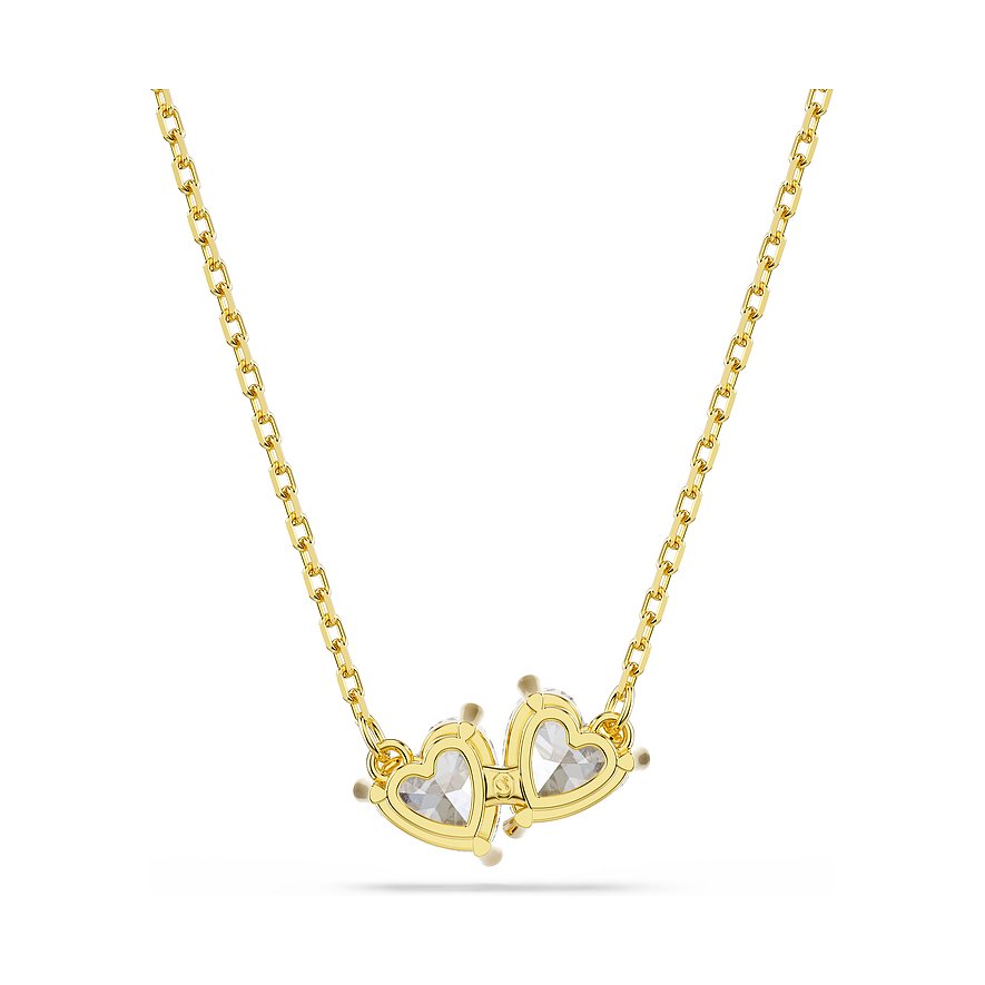 Fijne Swarovski-halsketting van goudkleurig metaal met twee ineengestrengelde harten en heldere kristallen.