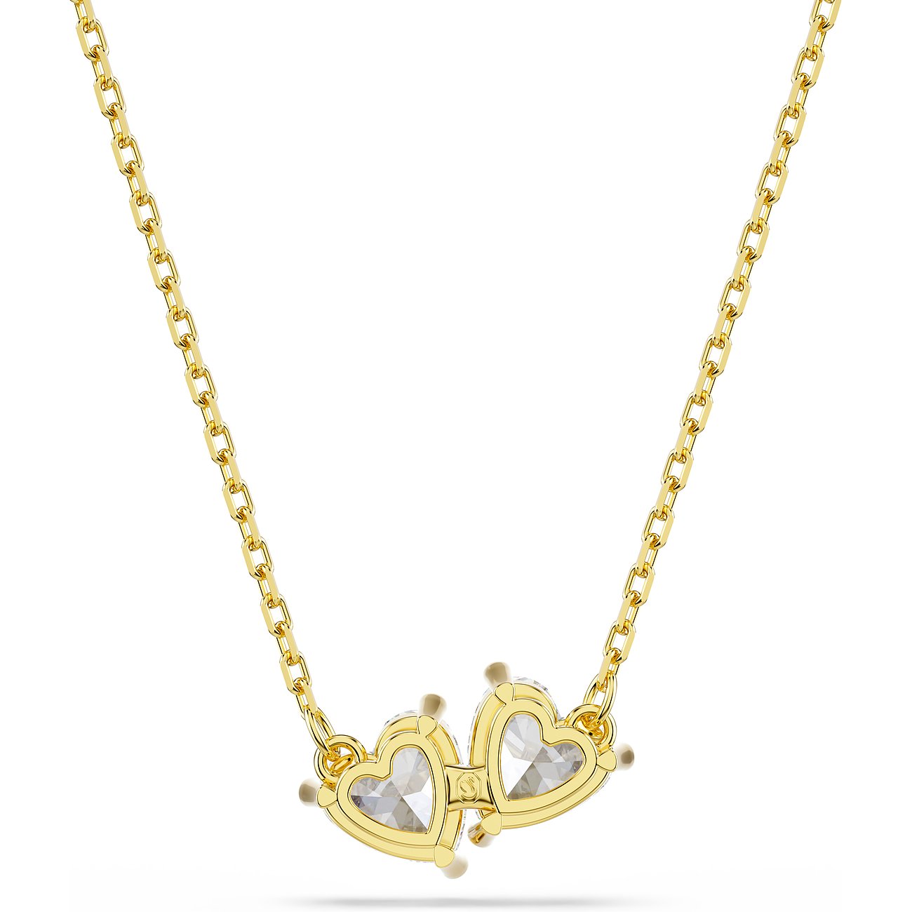 Fijne Swarovski-halsketting van goudkleurig metaal met twee ineengestrengelde harten en heldere kristallen.