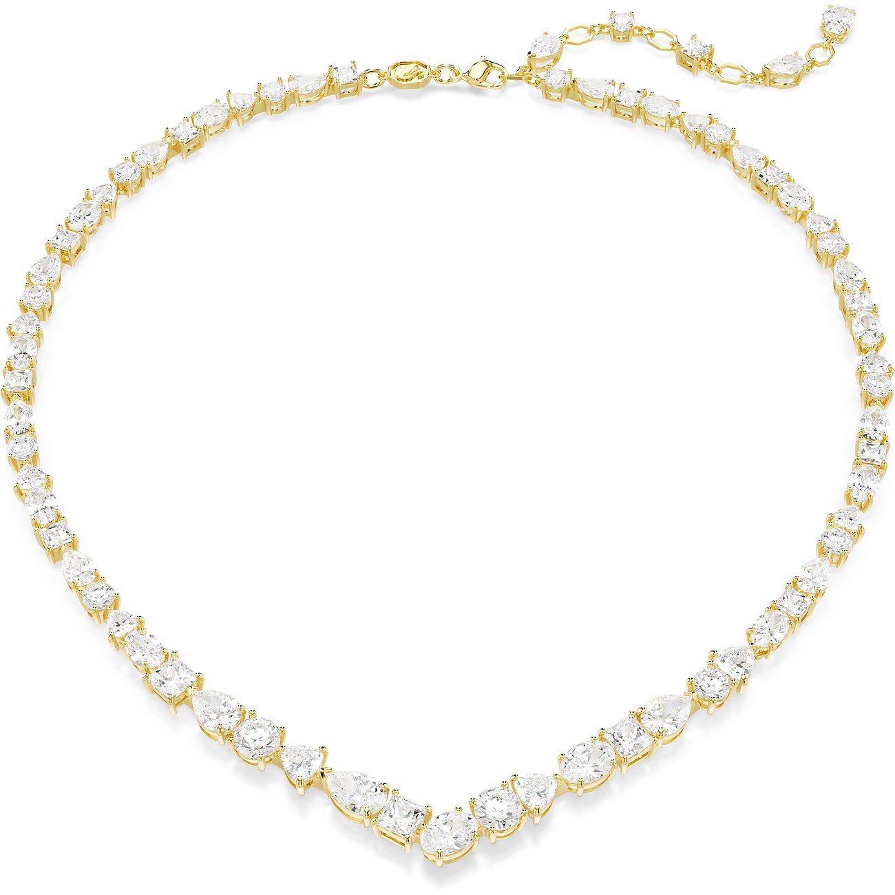 Swarovski Halsschmuck aus goldfarbenem Metall mit glitzernden, klarer Swarovski Kristallen in verschiedenen Formen.