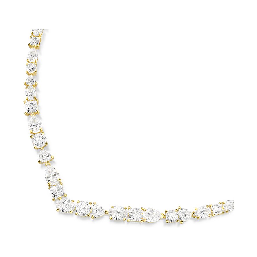 Ein goldenes Swarovski Metall-Halsschmuckstück mit unterschiedlich geformten, klaren Farbsteinen in einer Reihe.