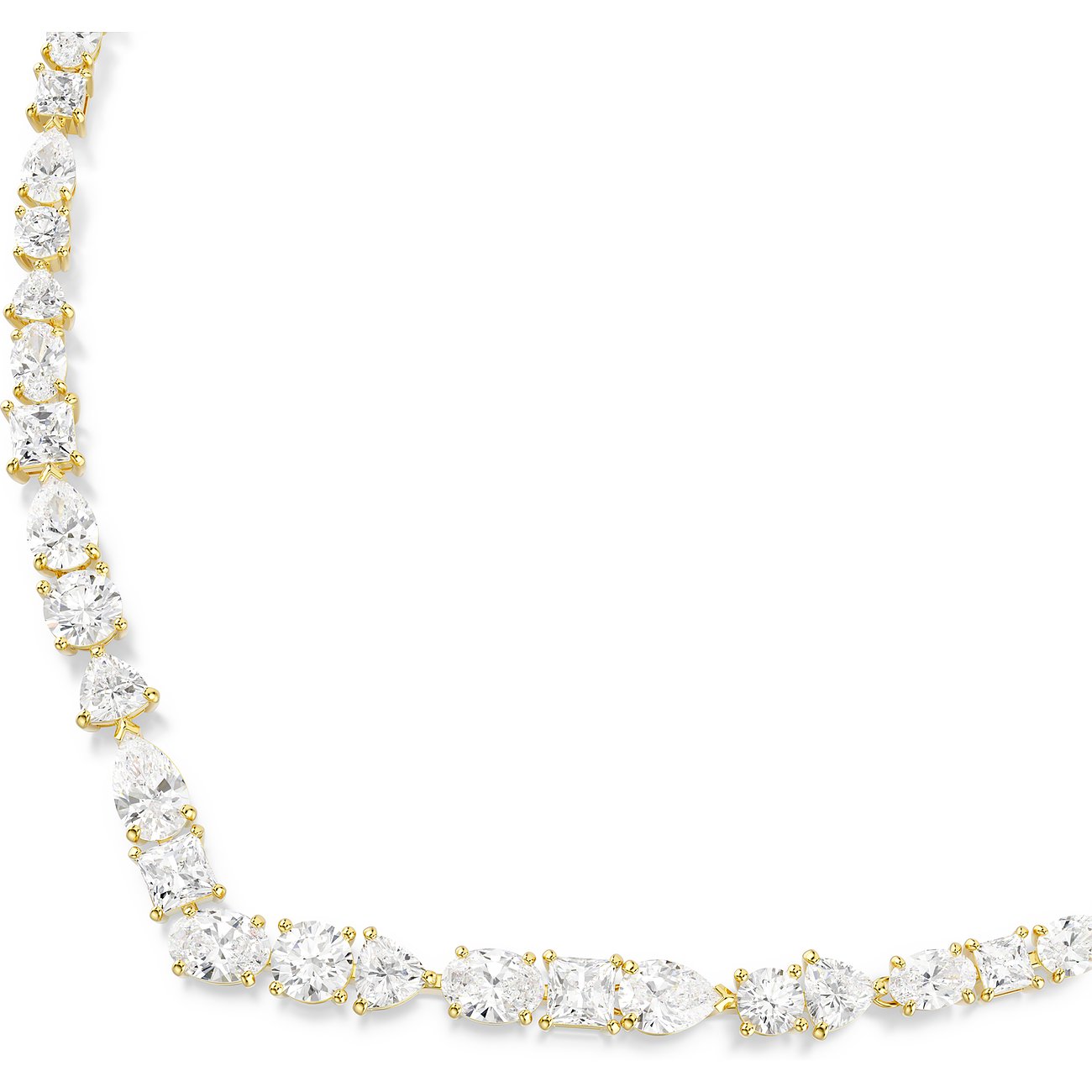 Ein goldenes Swarovski Metall-Halsschmuckstück mit unterschiedlich geformten, klaren Farbsteinen in einer Reihe.