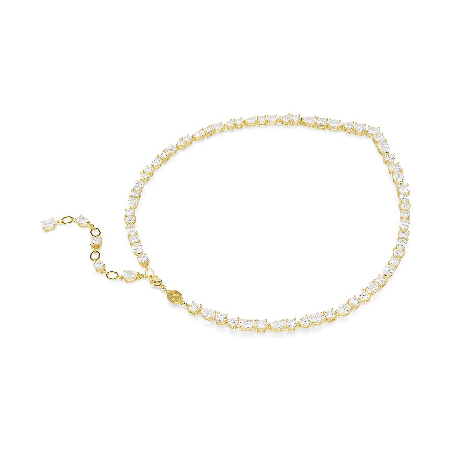 Ein goldenes Swarovski Metall-Collier, besetzt mit funkelnden Swarovski-Kristallen in verschiedenen Formen.