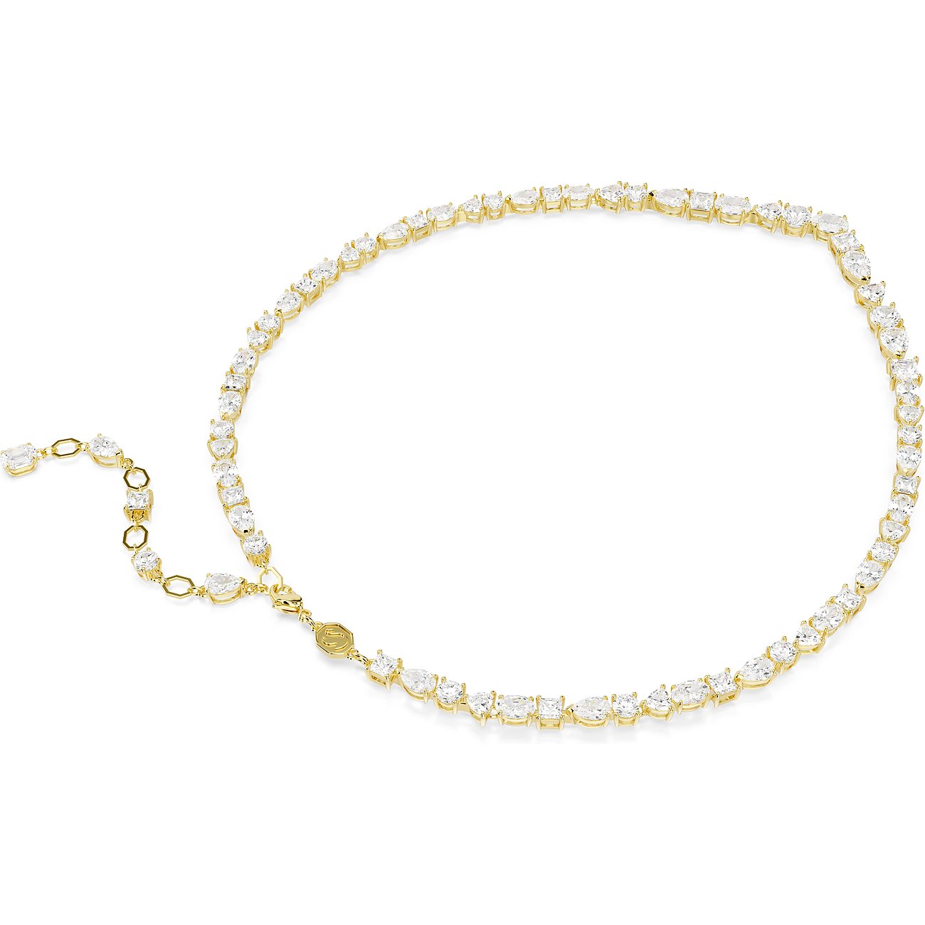 Ein goldenes Swarovski Metall-Collier, besetzt mit funkelnden Swarovski-Kristallen in verschiedenen Formen.