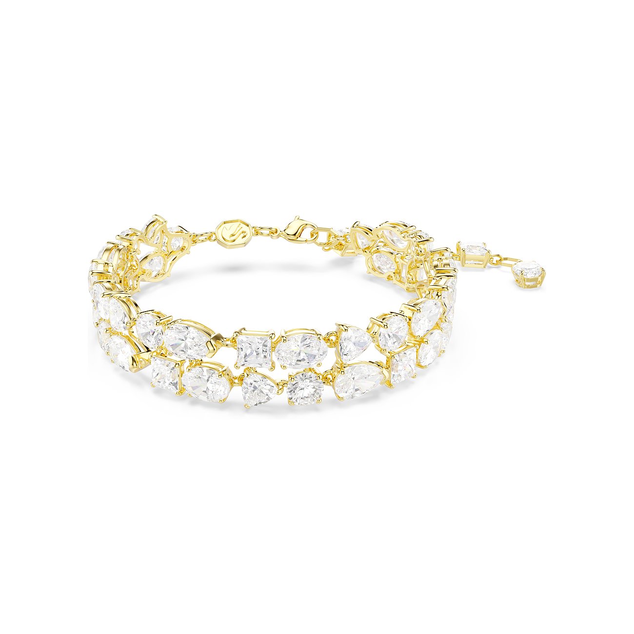 Swarovski armband van goudkleurig metaal met twee rijen heldere Swarovski kristallen in diverse vormen.