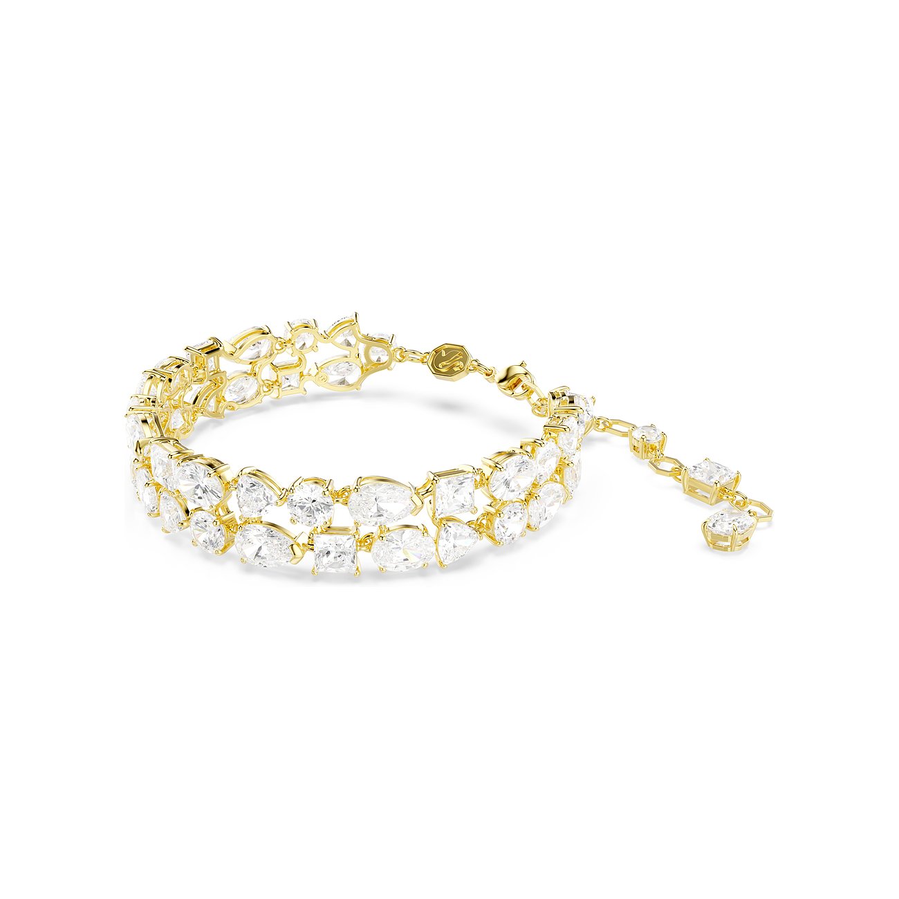 Swarovski armband van goudkleurig metaal met twee open rijen witte kristallen in diverse vormen.
