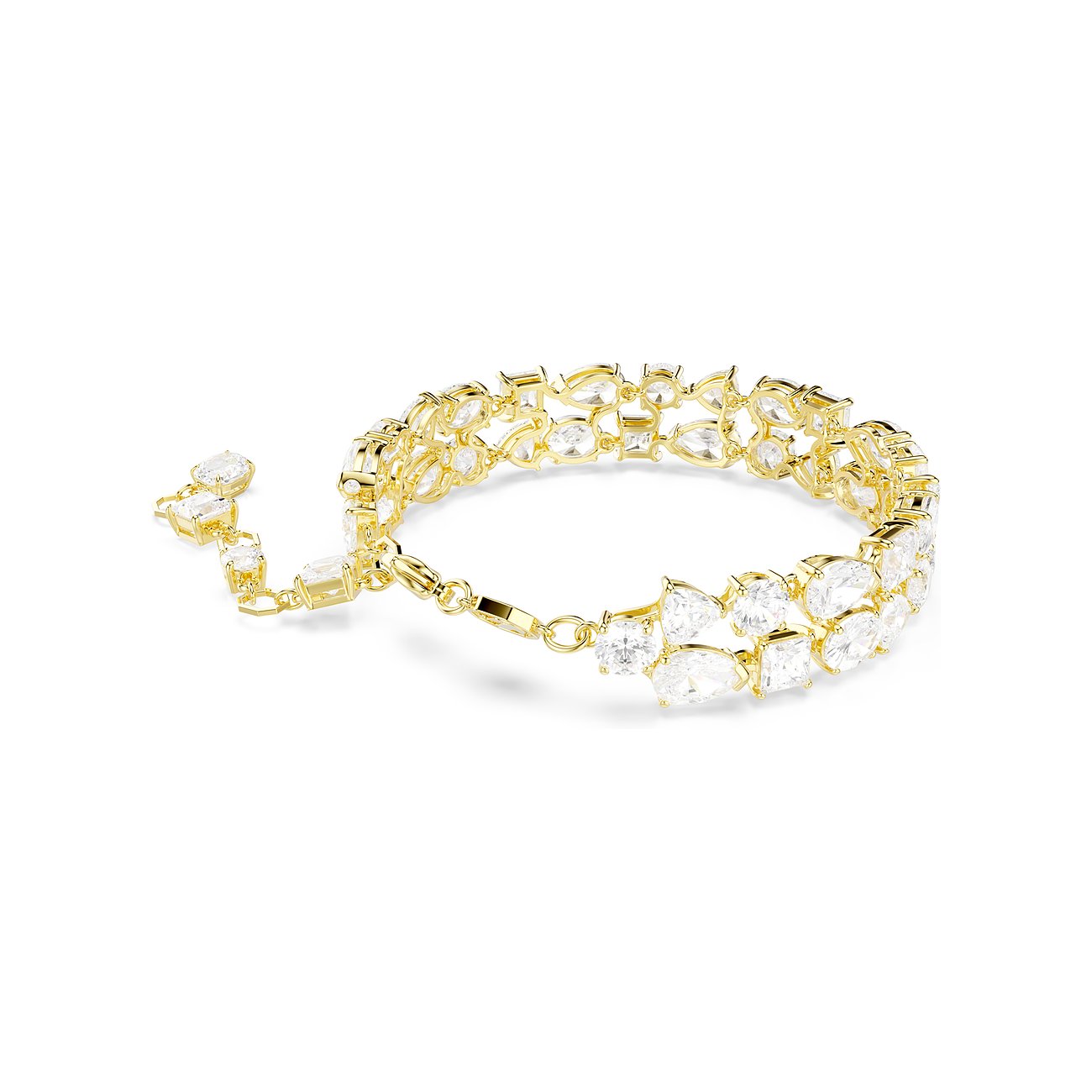Een gouden Swarovski metalen armband met fonkelende Swarovski-kristallen in diverse slijpvormen.