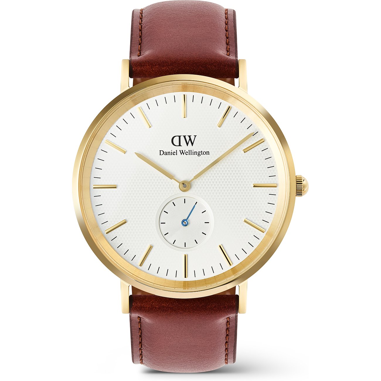 Daniel Wellington Herrenuhr aus goldfarbenem Edelstahl mit weißem Zifferblatt und braunem Lederarmband, freigestellt.