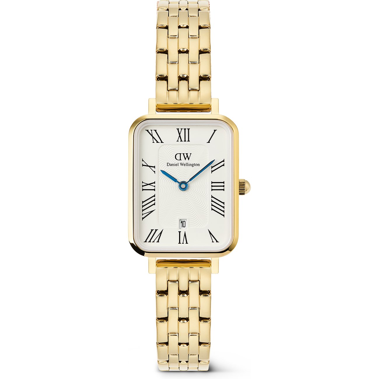 Daniel Wellington Damenuhr aus goldfarbenem Edelstahl mit rechteckigem Zifferblatt und römischen Ziffern.
