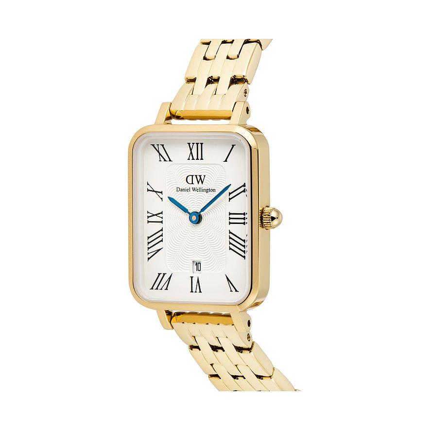 Daniel Wellington Damenuhr aus goldfarbenem Edelstahl mit rechteckigem Zifferblatt und römischen Ziffern.