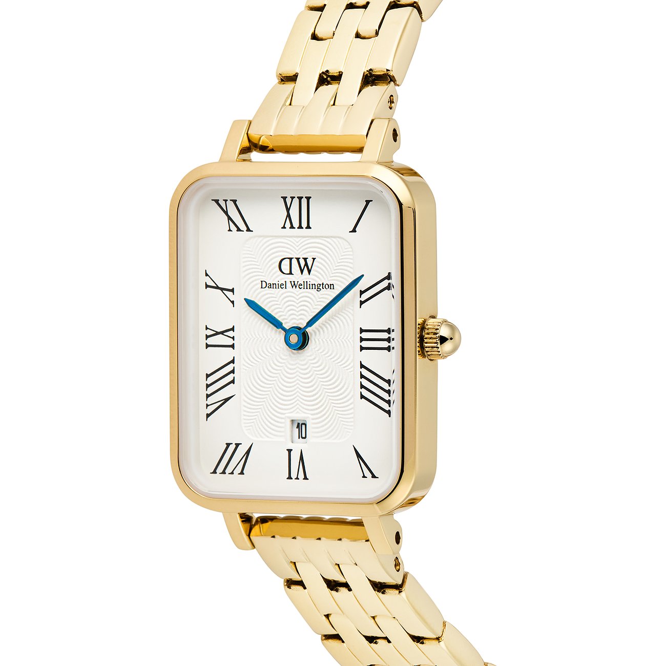 Daniel Wellington Damenuhr aus goldfarbenem Edelstahl mit rechteckigem Zifferblatt und römischen Ziffern.