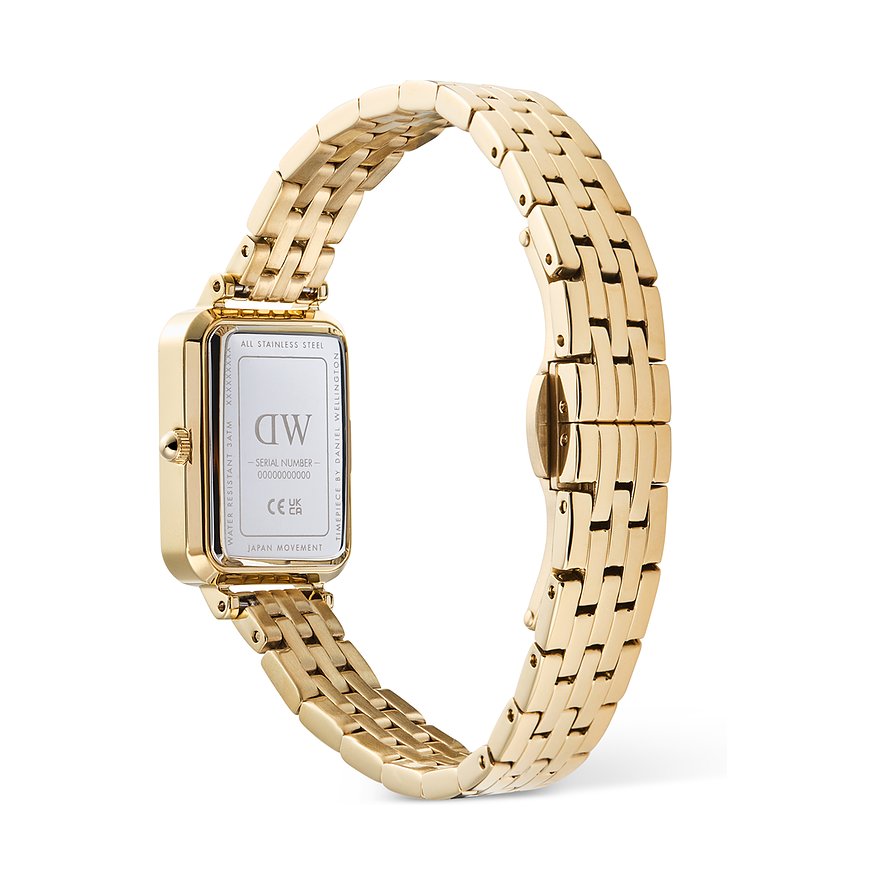 Rückansicht einer Daniel Wellington Damenuhr aus goldfarbenem Edelstahl mit rechteckigem Gehäuse und Gliederarmband.