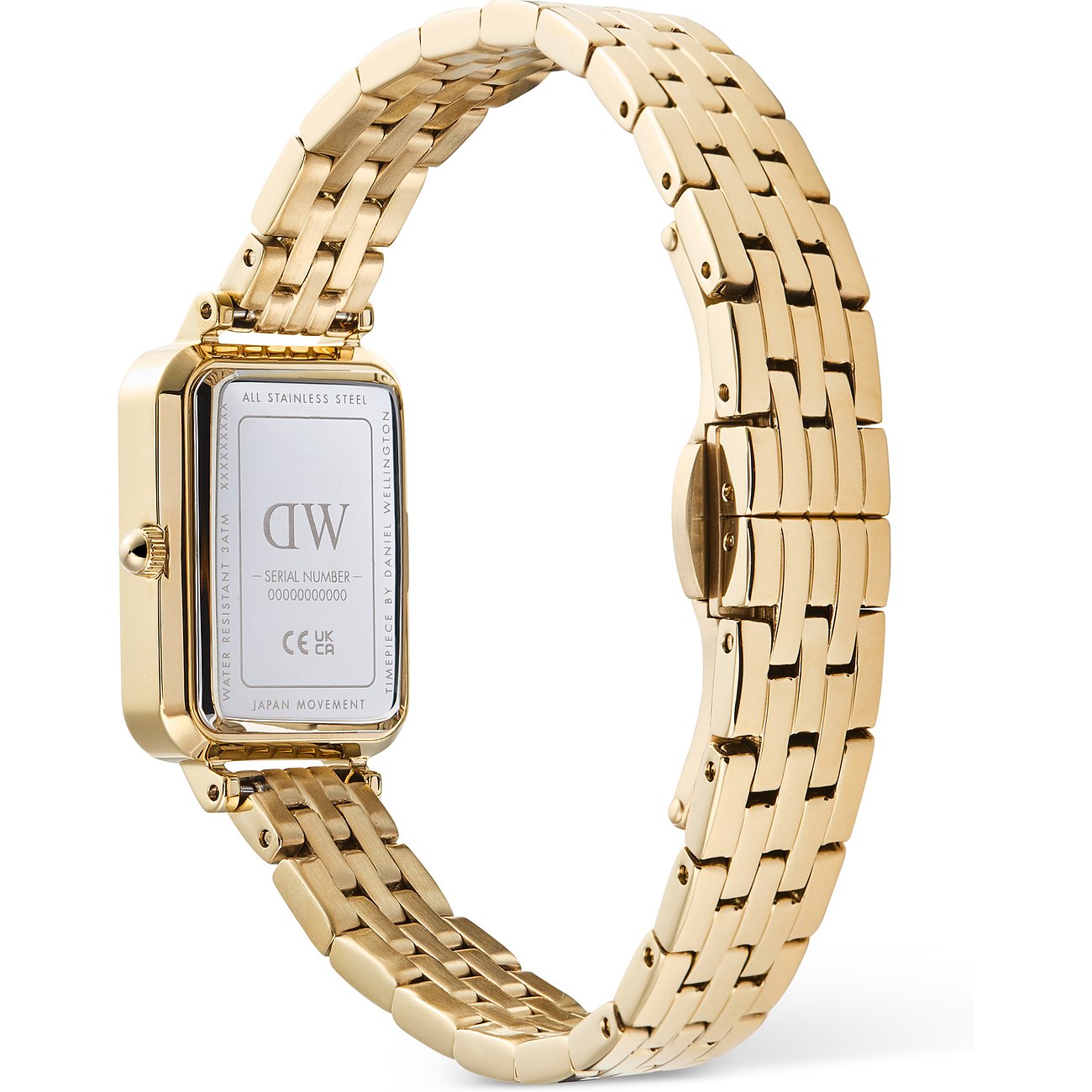 Rückansicht einer Daniel Wellington Damenuhr aus goldfarbenem Edelstahl mit rechteckigem Gehäuse und Gliederarmband.