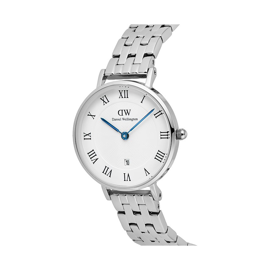 Daniel Wellington Damenuhr aus silberfarbenem Edelstahl mit weißem Zifferblatt und römischen Ziffern.