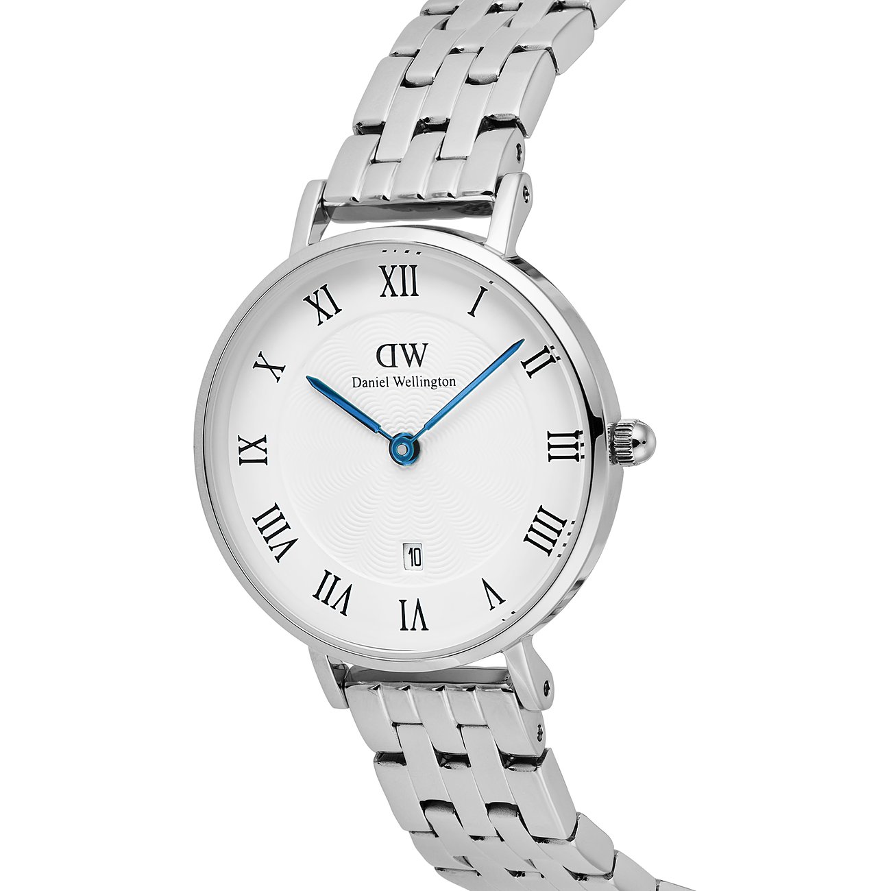 Daniel Wellington Damenuhr aus silberfarbenem Edelstahl mit weißem Zifferblatt und römischen Ziffern.