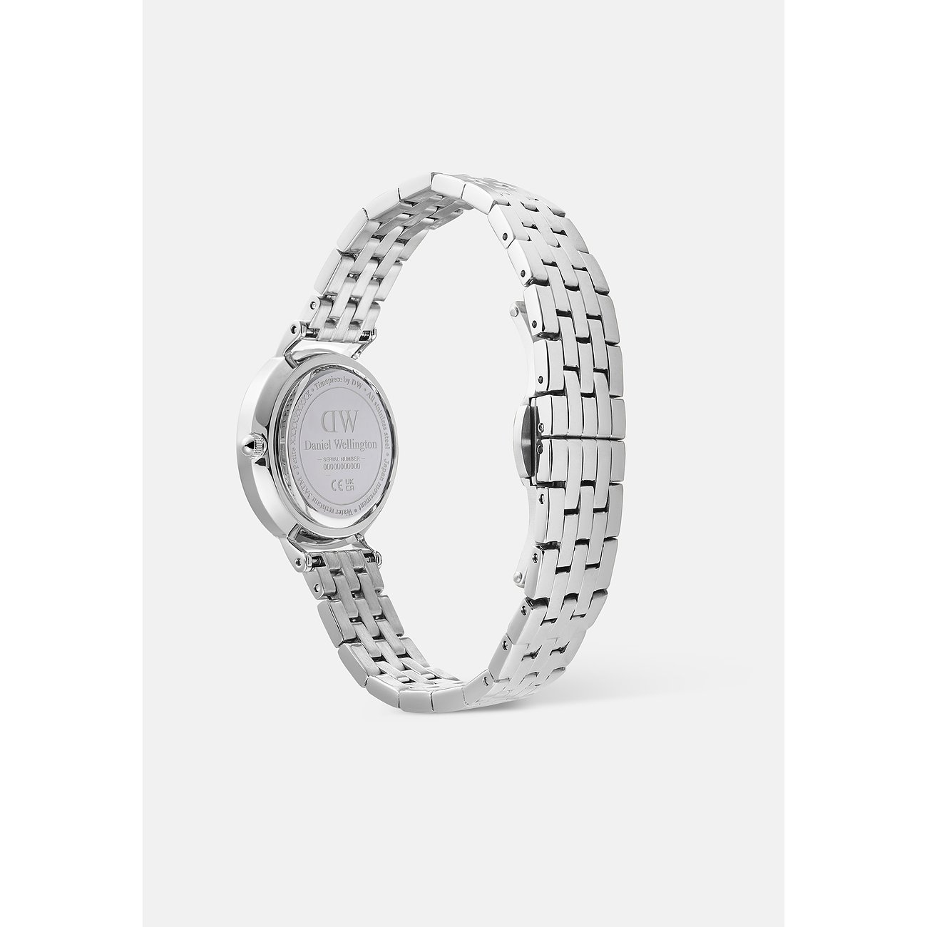 Rückansicht der Daniel Wellington Damenuhr aus poliertem Edelstahl mit Kettengliederarmband und Verschlüssen.